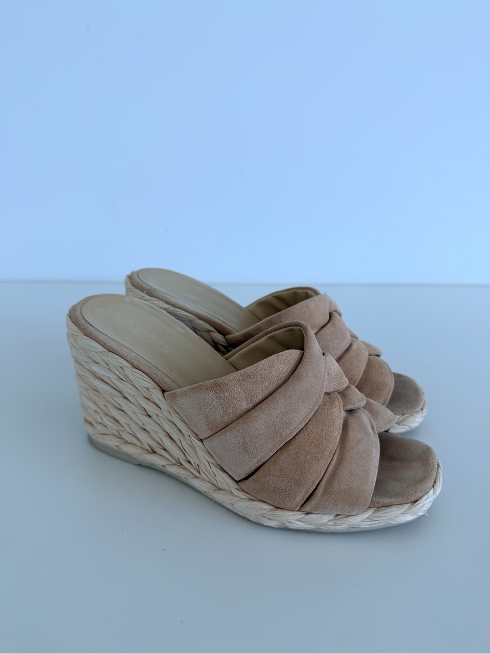 Vince Beige Suede Braided Espadrille Wedge Sandals